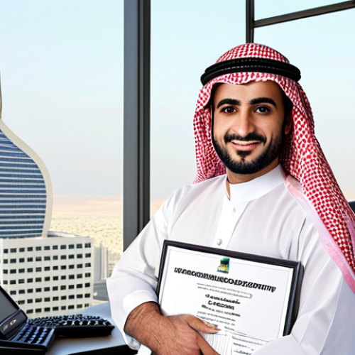 **A confident Arab accountant in a modern office, proudly displaying their accounting and tax fellowship certificate, symbolizing career advancement and expertise. The background should feature financial charts and graphs, subtly highlighting their skills.**
