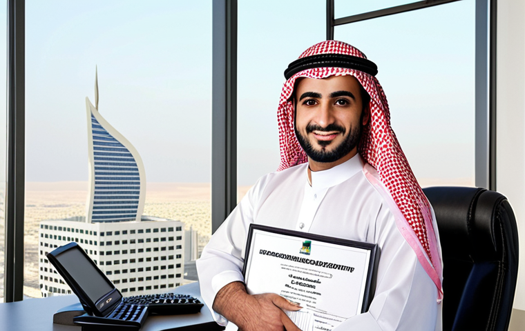 **A confident Arab accountant in a modern office, proudly displaying their accounting and tax fellowship certificate, symbolizing career advancement and expertise. The background should feature financial charts and graphs, subtly highlighting their skills.**