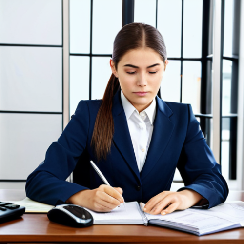 **

"A young professional woman, fully clothed in a modest business suit, confidently solving a complex accounting problem on a computer, surrounded by textbooks and financial documents, bright and modern office environment, safe for work, appropriate content, professional, perfect anatomy, correct proportions, well-formed hands, proper finger count, natural body proportions, high quality, professional photography."

**