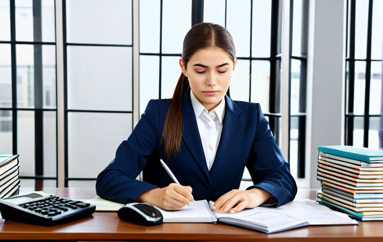 **

"A young professional woman, fully clothed in a modest business suit, confidently solving a complex accounting problem on a computer, surrounded by textbooks and financial documents, bright and modern office environment, safe for work, appropriate content, professional, perfect anatomy, correct proportions, well-formed hands, proper finger count, natural body proportions, high quality, professional photography."

**