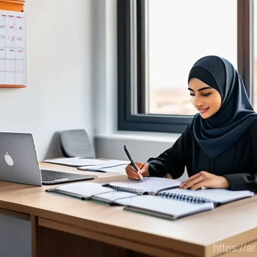전산세무회계 실기 시험 팁 - **Prompt:** A young, focused Arab woman, dressed in modest, professional attire and a stylish hijab,...