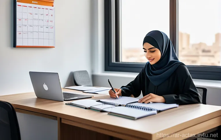 전산세무회계 실기 시험 팁 - **Prompt:** A young, focused Arab woman, dressed in modest, professional attire and a stylish hijab,...