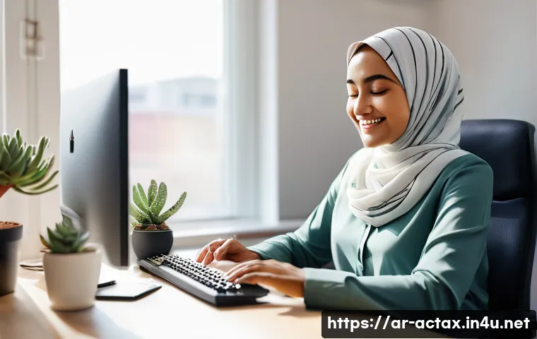 전산세무회계 직무 스트레스 관리법 - **Prompt:** A brightly lit, organized office space. A female accountant in her late 20s, wearing a m...