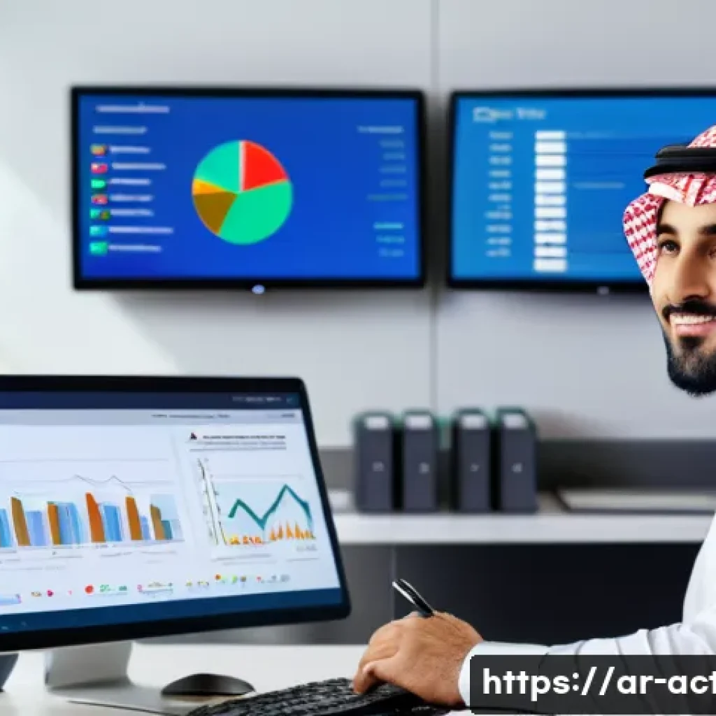 전산세무회계 초보자가 실무에 적응하는 법 - A modern Middle Eastern office setting featuring a young Arab professional accountant sitting at a d...