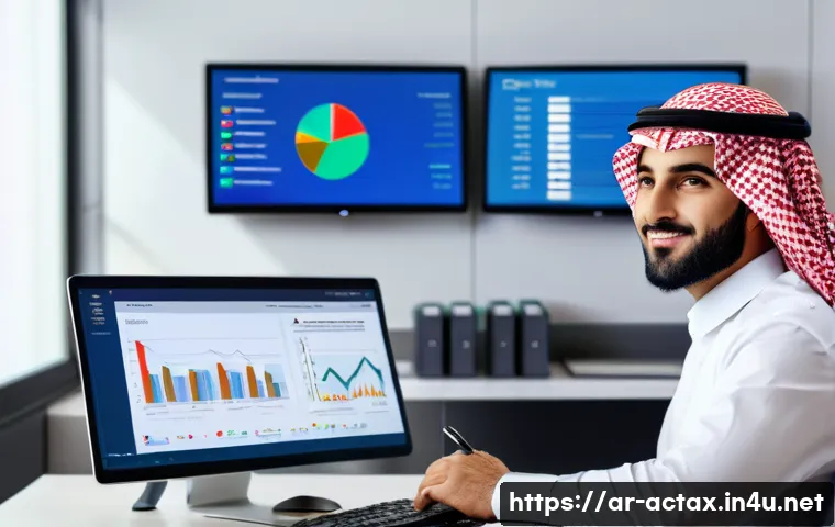 전산세무회계 초보자가 실무에 적응하는 법 - A modern Middle Eastern office setting featuring a young Arab professional accountant sitting at a d...