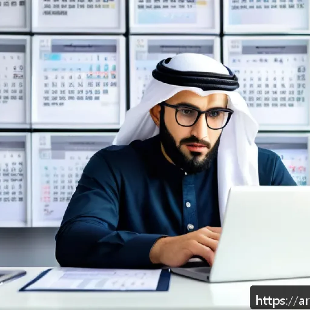 전산세무회계 실무 시험 준비 체크리스트 - A professional Middle Eastern man sitting at a modern desk in a bright home office, focused on a lap...
