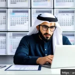 전산세무회계 실무 시험 준비 체크리스트 - A professional Middle Eastern man sitting at a modern desk in a bright home office, focused on a lap...