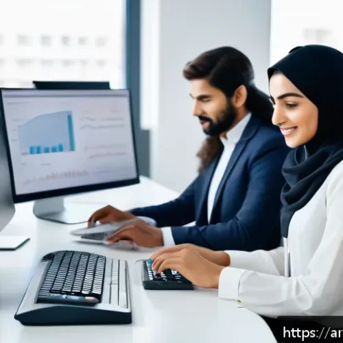 전산세무회계 직무 만족도 조사 - A modern Arabic office environment featuring diverse professionals working collaboratively on cloud-...