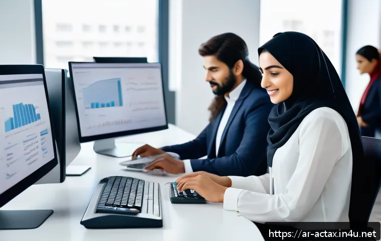 전산세무회계 직무 만족도 조사 - A modern Arabic office environment featuring diverse professionals working collaboratively on cloud-...