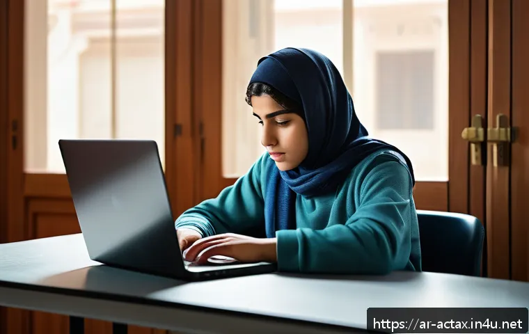 전산세무회계 시험 실패 원인 분석 - A focused young Arab student sitting at a tidy desk in a quiet room, preparing for an online exam on...