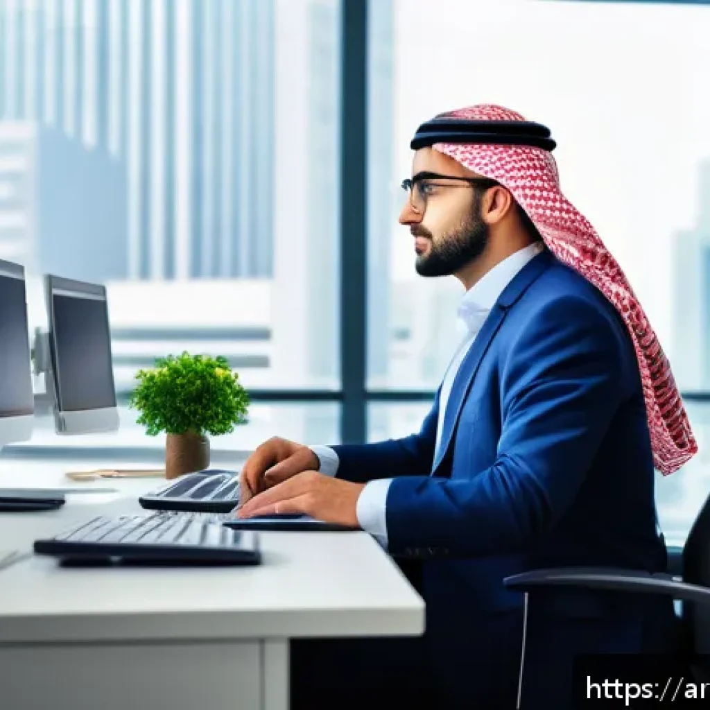 전산세무회계 자격증의 필요성 - A modern Arab professional accountant working diligently in a bright, contemporary office environmen...