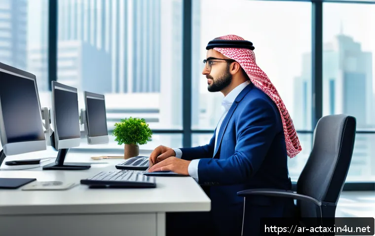 전산세무회계 자격증의 필요성 - A modern Arab professional accountant working diligently in a bright, contemporary office environmen...