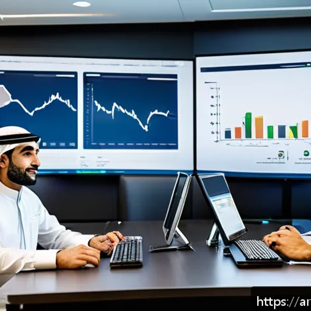 전산세무회계 실무에서 발생하는 오류 해결 - A modern Middle Eastern office setting with Arab professionals collaborating around digital accounti...