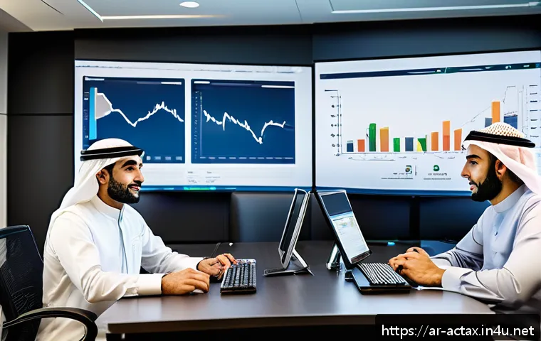 전산세무회계 실무에서 발생하는 오류 해결 - A modern Middle Eastern office setting with Arab professionals collaborating around digital accounti...