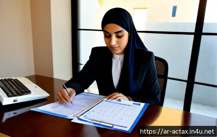 전산세무회계 자격증 유지 요건 - Photorealistic Middle Eastern accounting professional in modest business attire reviewing certificat...