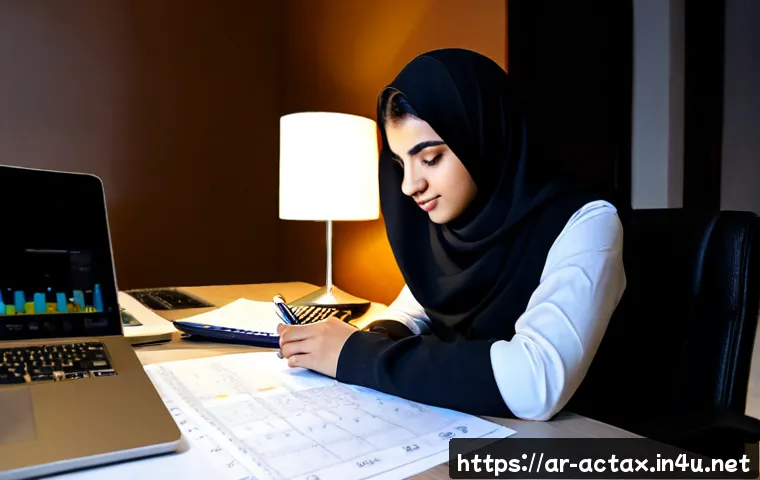 전산세무회계 독학으로 합격하기 - Photorealistic Arab young professional studying accounting independently at a tidy home desk, modest...